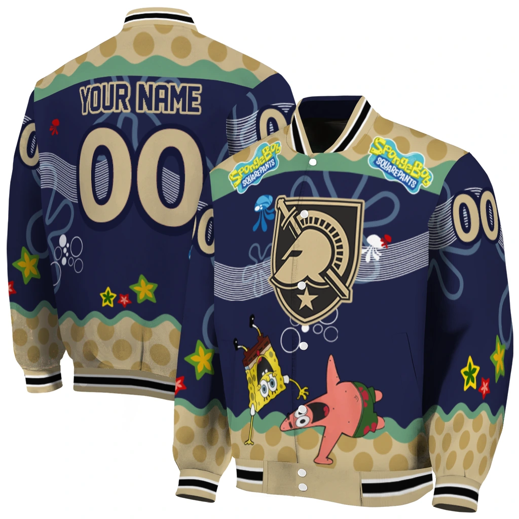 customized army black knights spongebob playtime gold blue varsity jacket fashion forward customized army black knights spongebob playtime gold blue varsity jacket fashion forward