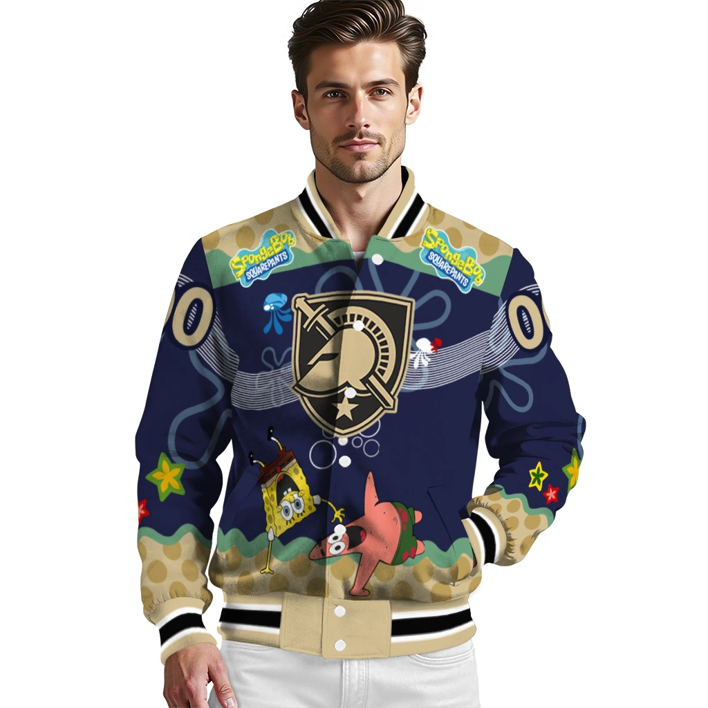customized army black knights spongebob playtime gold blue varsity jacket high quality customized army black knights spongebob playtime gold blue varsity jacket high quality