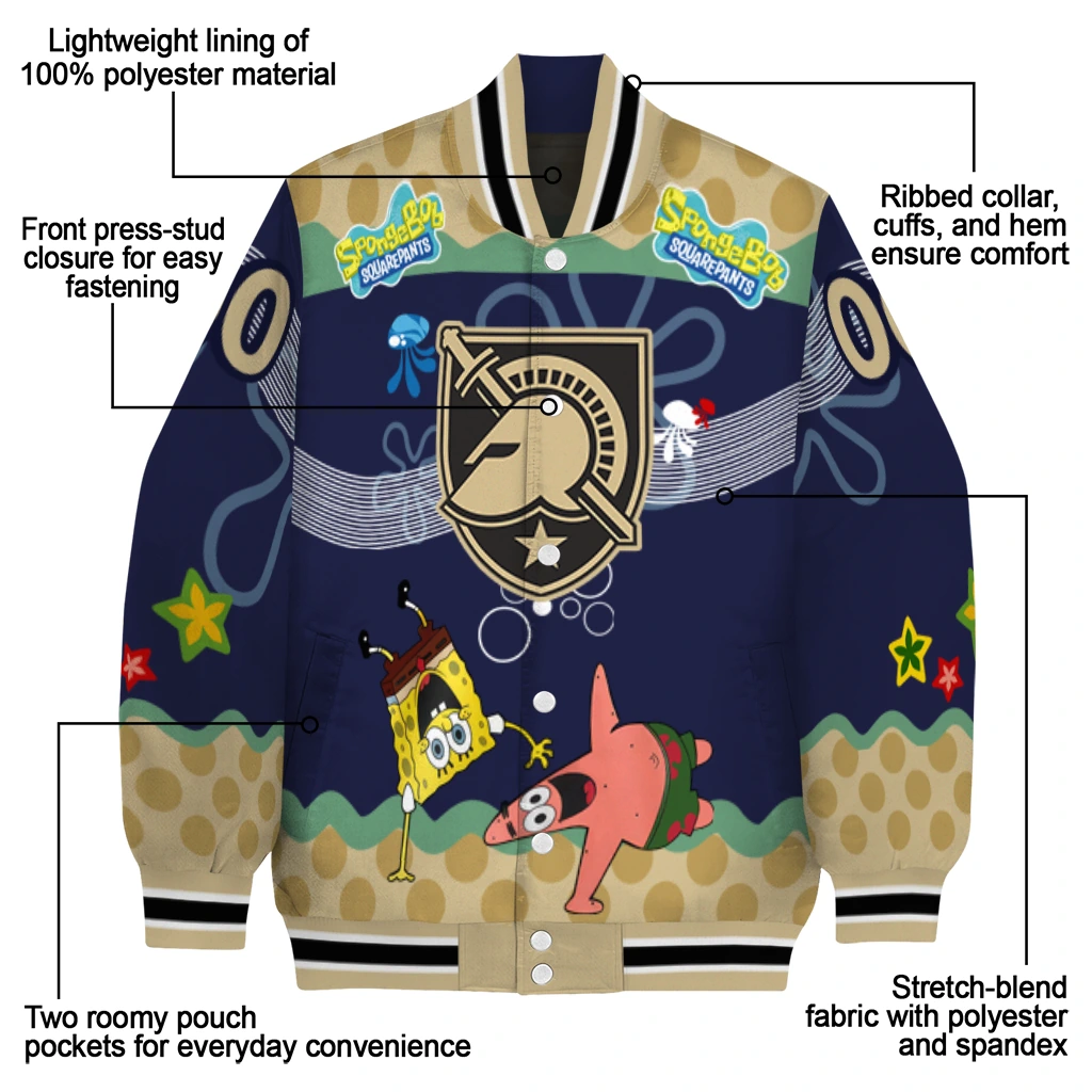 customized army black knights spongebob playtime gold blue varsity jacket new arrival customized army black knights spongebob playtime gold blue varsity jacket new arrival