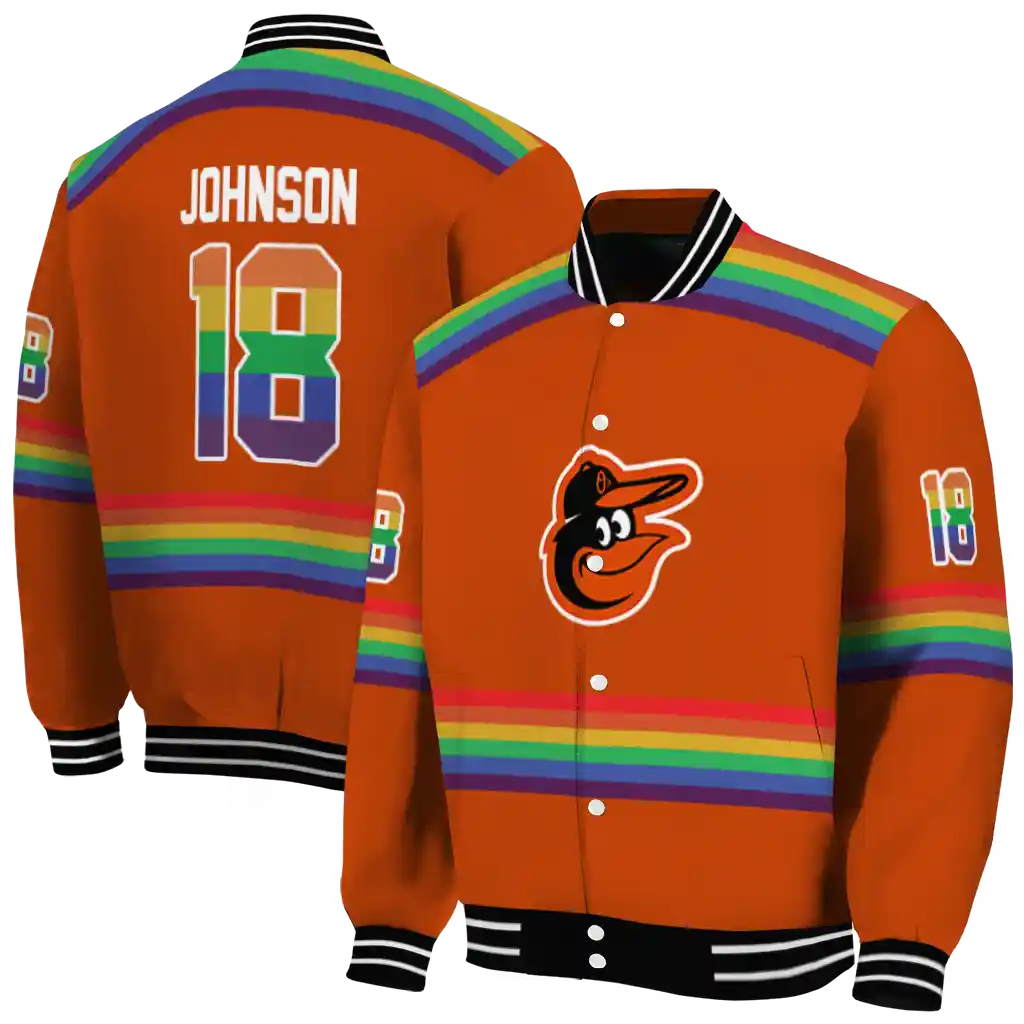 customized baltimore orioles rainbow jersey number orange varsity jacket fashion forward customized baltimore orioles rainbow jersey number orange varsity jacket fashion forward