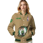 customized boston celtics claw opening beige varsity jacket best selling