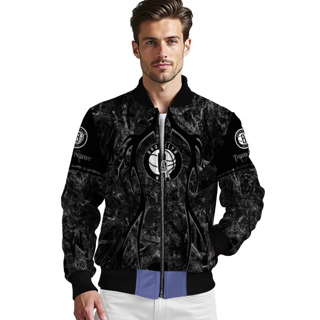 customized brooklyn nets antlers motif black bomber jacket high quality customized brooklyn nets antlers motif black bomber jacket high quality