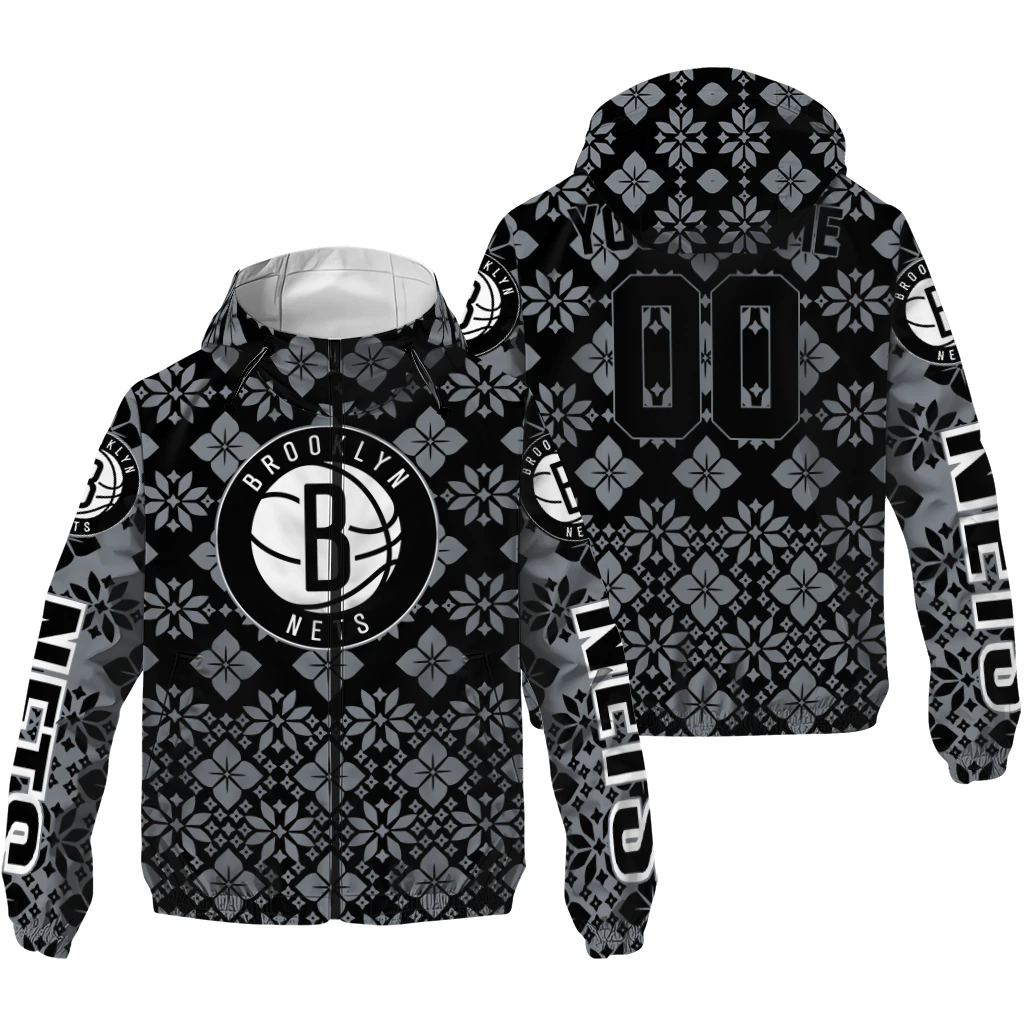 customized brooklyn nets geometric blossom black windbreaker jacket high quality customized brooklyn nets geometric blossom black windbreaker jacket high quality