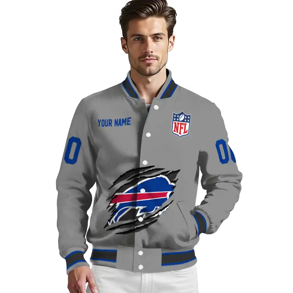customized buffalo bills claw marking grey varsity jacket high quality customized buffalo bills claw marking grey varsity jacket high quality
