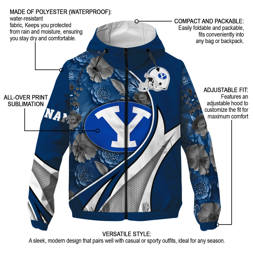 customized byu cougars blossoms helmet blue windbreaker jacket new arrival customized byu cougars blossoms helmet blue windbreaker jacket new arrival