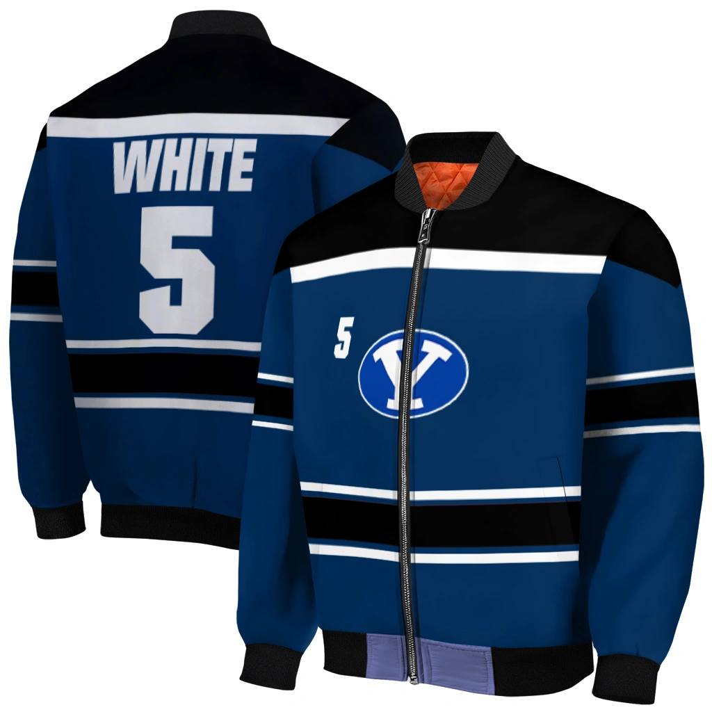 customized byu cougars stripe statement blue black bomber jacket best selling customized byu cougars stripe statement blue black bomber jacket best selling