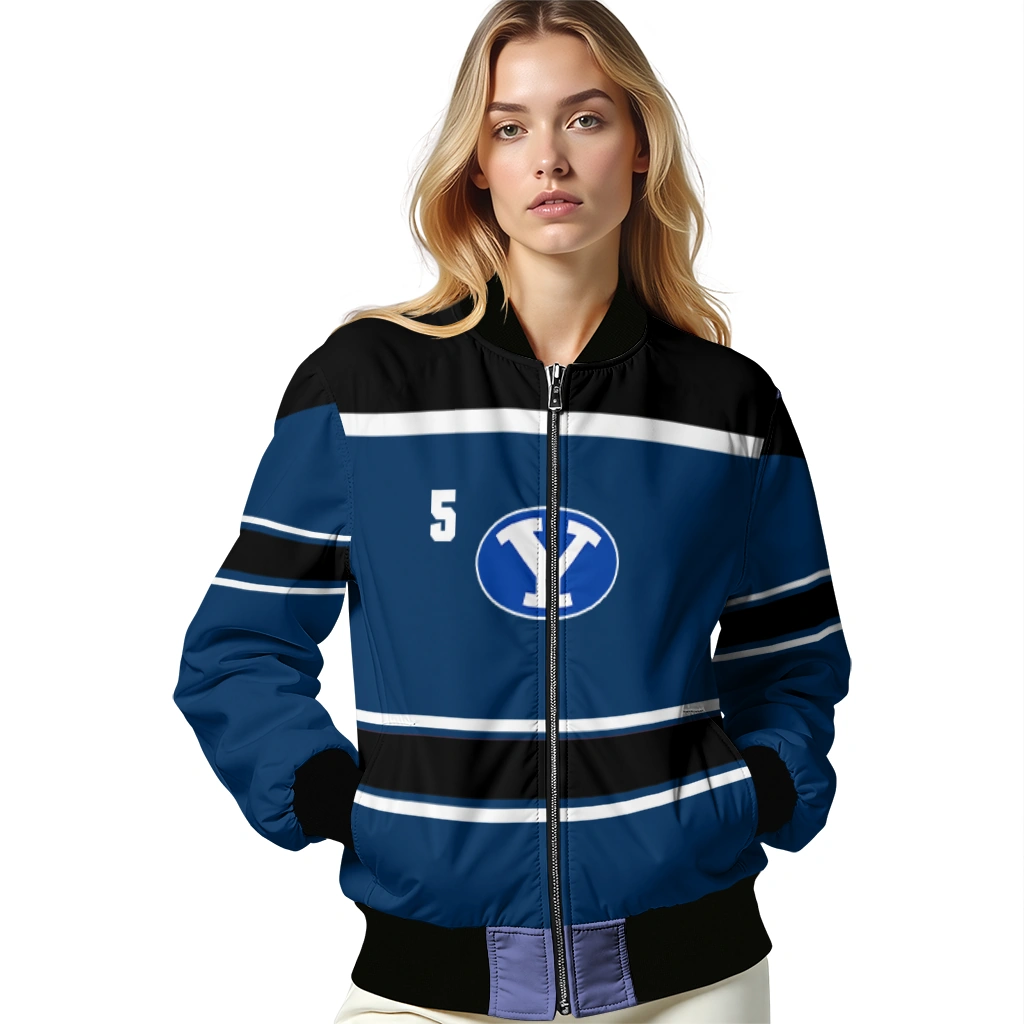 customized byu cougars stripe statement blue black bomber jacket latest model customized byu cougars stripe statement blue black bomber jacket latest model