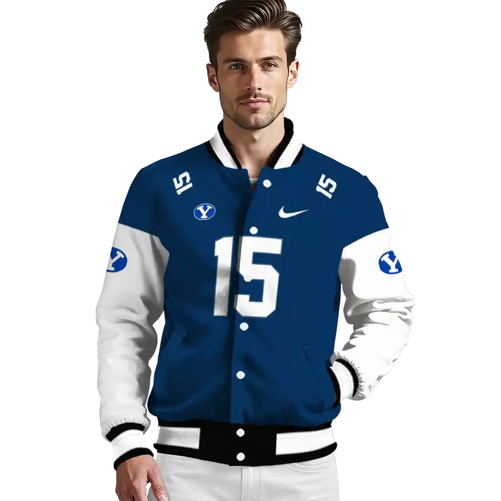customized byu cougars team patch blue varsity jacket high quality customized byu cougars team patch blue varsity jacket high quality