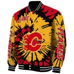 customized calgary flames burst splatter red varsity jacket best selling
