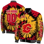 customized calgary flames burst splatter red varsity jacket best selling