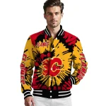 customized calgary flames burst splatter red varsity jacket best selling