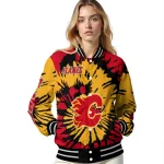 customized calgary flames burst splatter red varsity jacket best selling
