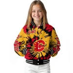 customized calgary flames burst splatter red varsity jacket best selling