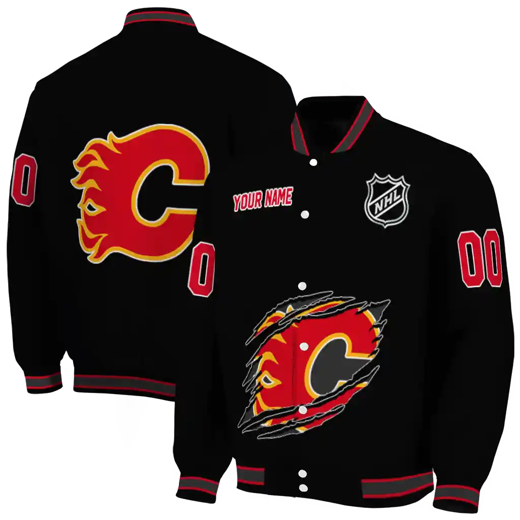 customized calgary flames claw cut black varsity jacket fashion forward customized calgary flames claw cut black varsity jacket fashion forward