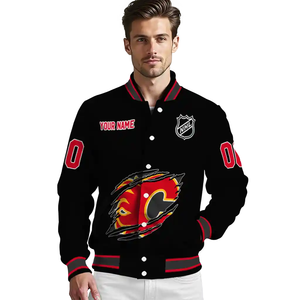 customized calgary flames claw cut black varsity jacket high quality customized calgary flames claw cut black varsity jacket high quality