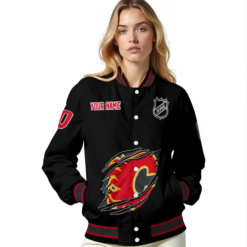 customized calgary flames claw cut black varsity jacket latest model customized calgary flames claw cut black varsity jacket latest model