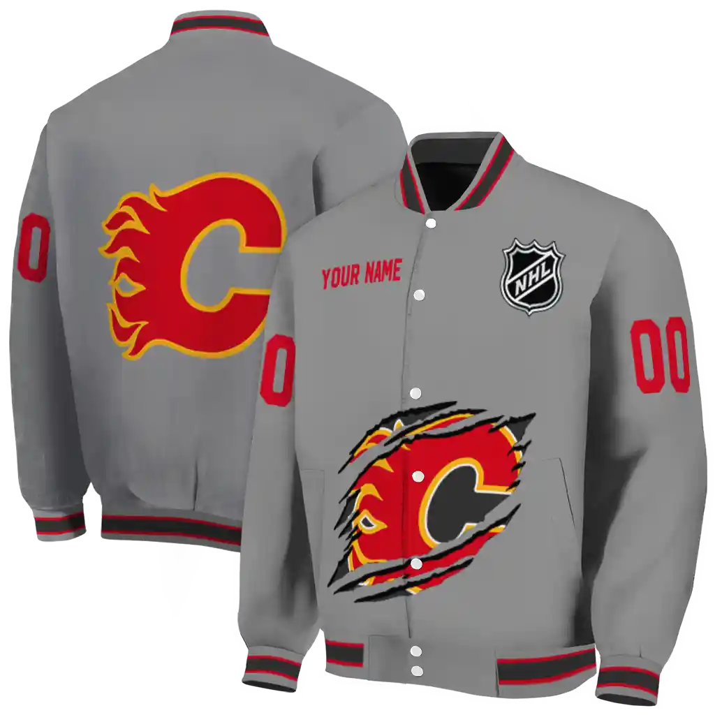 customized calgary flames claw streak grey varsity jacket fashion forward customized calgary flames claw streak grey varsity jacket fashion forward