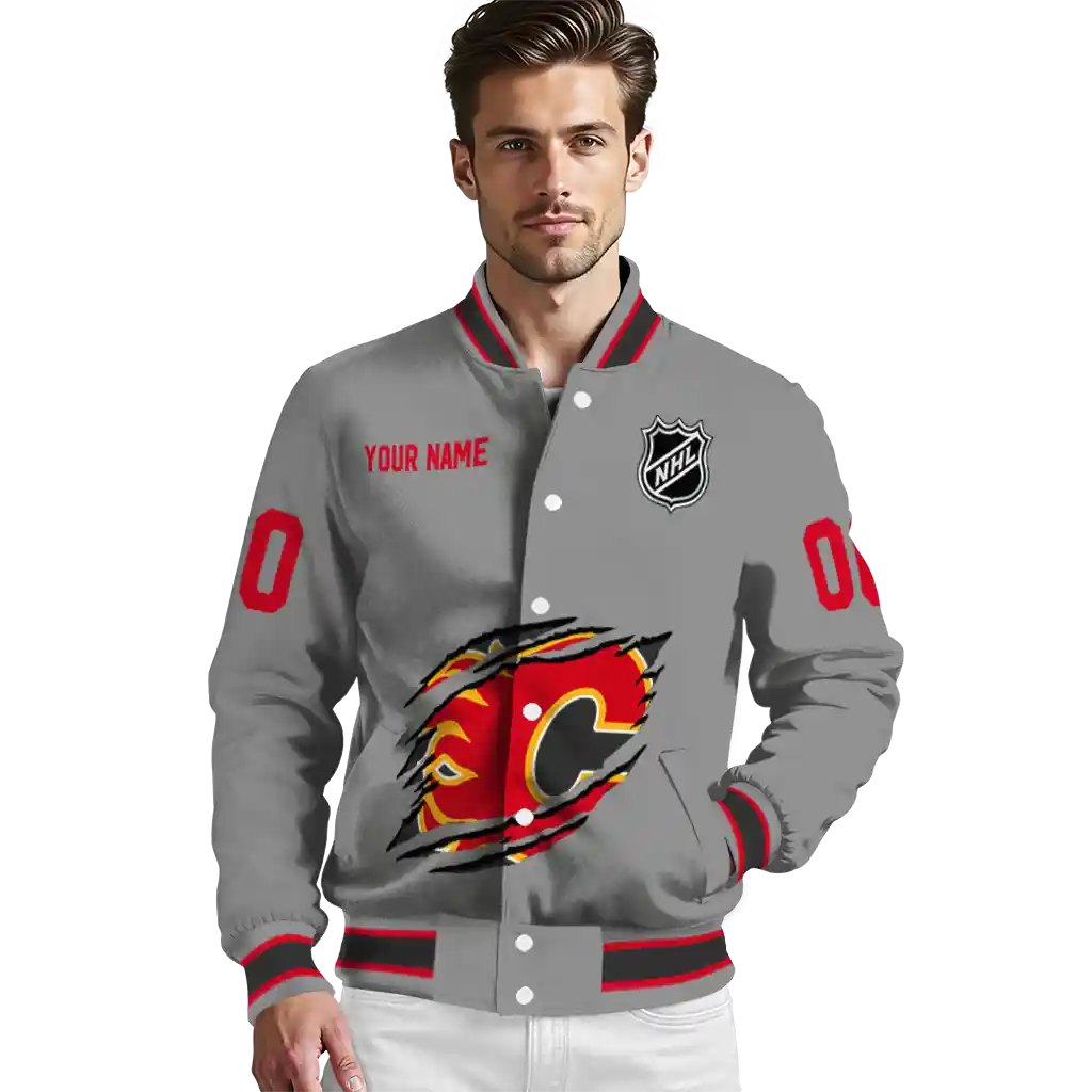 customized calgary flames claw streak grey varsity jacket high quality customized calgary flames claw streak grey varsity jacket high quality