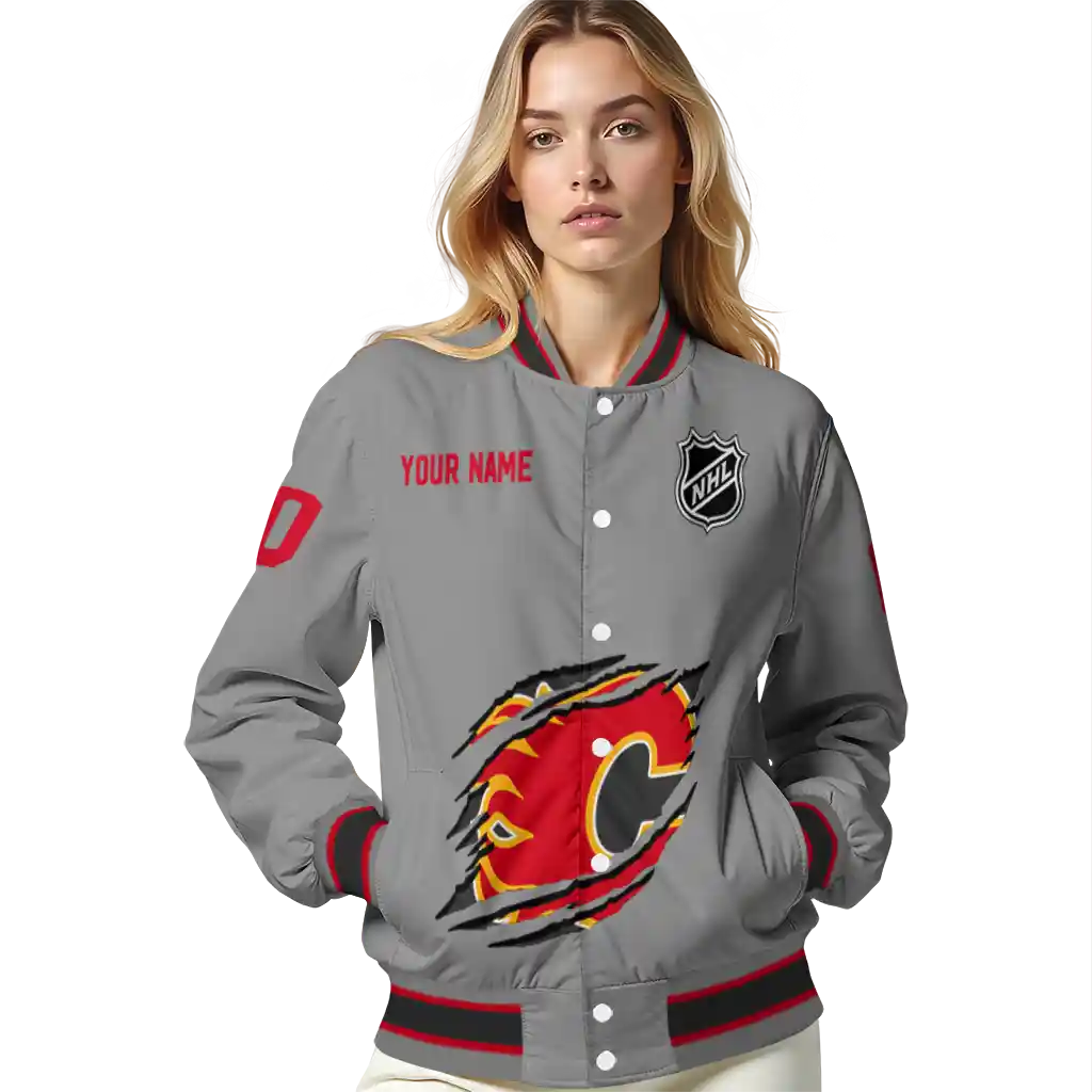 customized calgary flames claw streak grey varsity jacket latest model customized calgary flames claw streak grey varsity jacket latest model