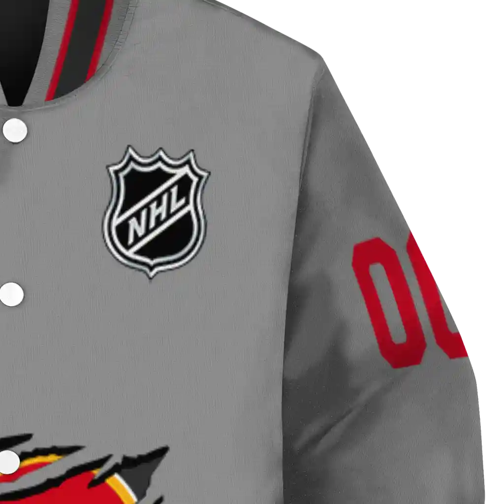 customized calgary flames claw streak grey varsity jacket premium grade customized calgary flames claw streak grey varsity jacket premium grade