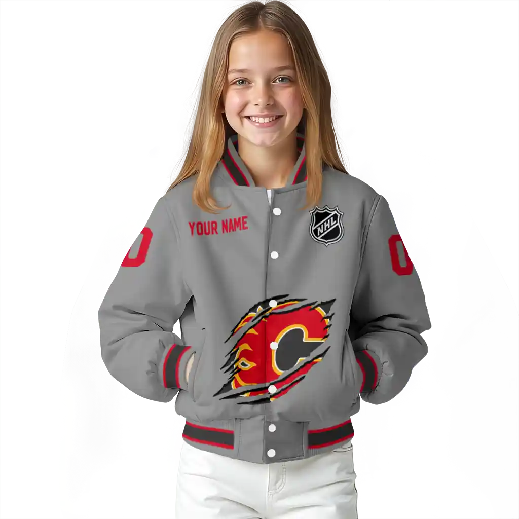 customized calgary flames claw streak grey varsity jacket top rated customized calgary flames claw streak grey varsity jacket top rated