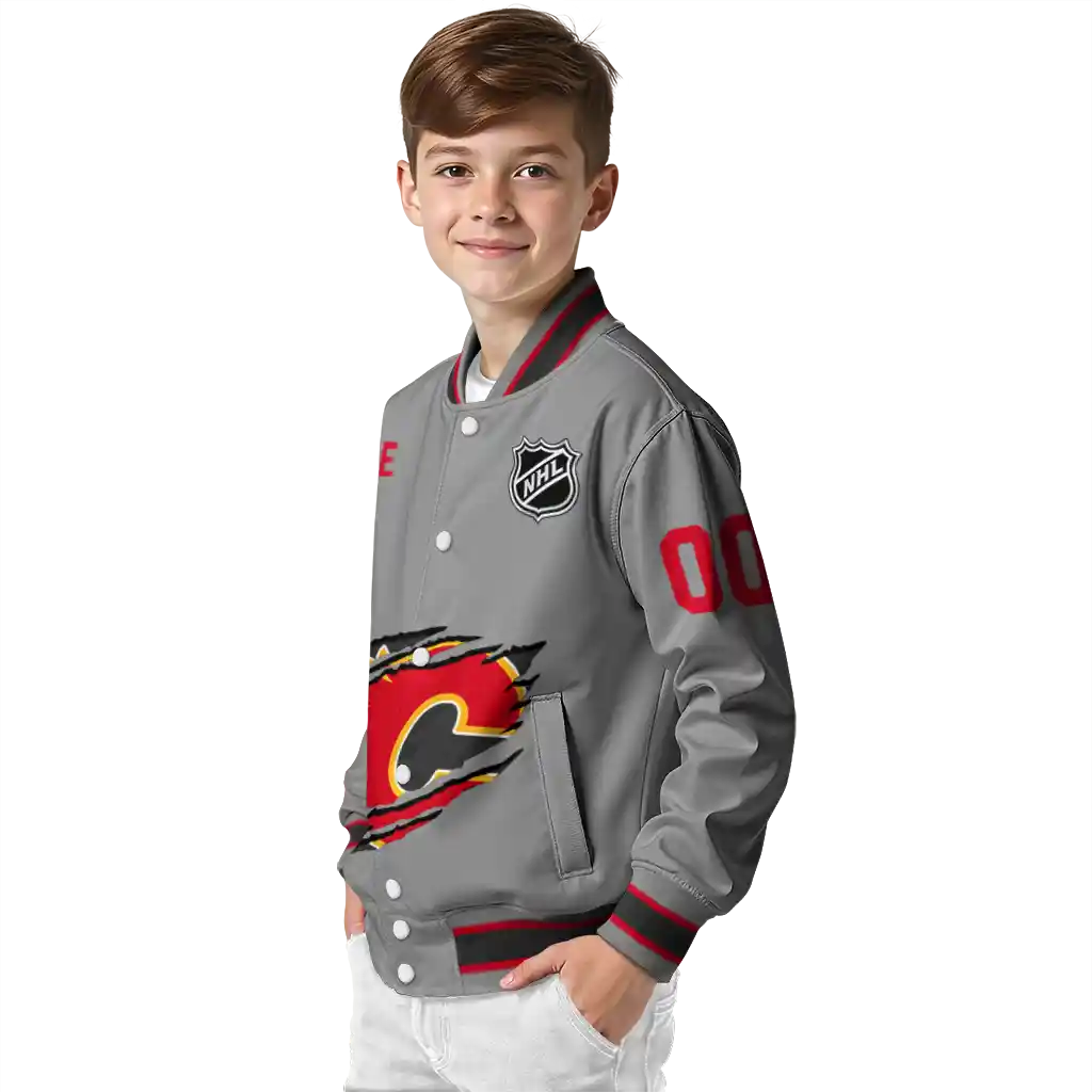 customized calgary flames claw streak grey varsity jacket trendy customized calgary flames claw streak grey varsity jacket trendy