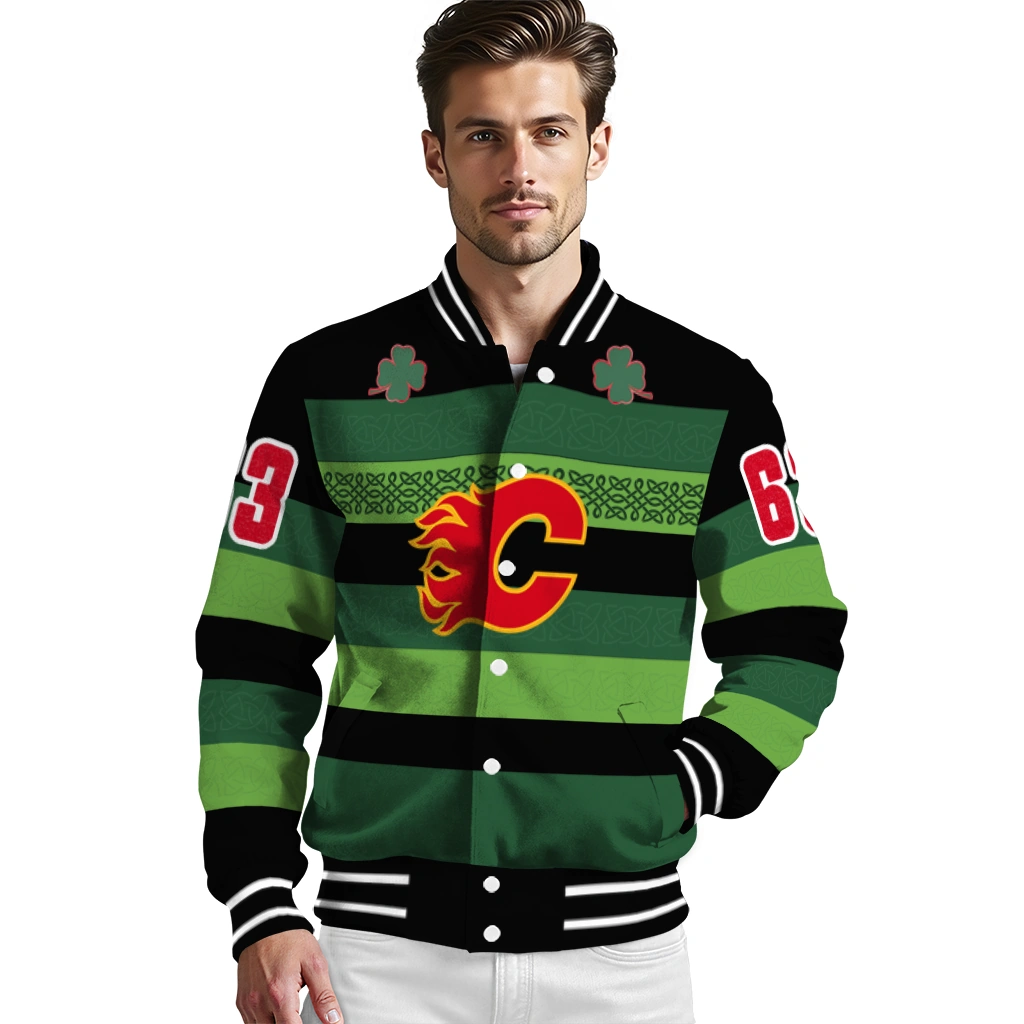 customized calgary flames clover green lines green black varsity jacket high quality customized calgary flames clover green lines green black varsity jacket high quality