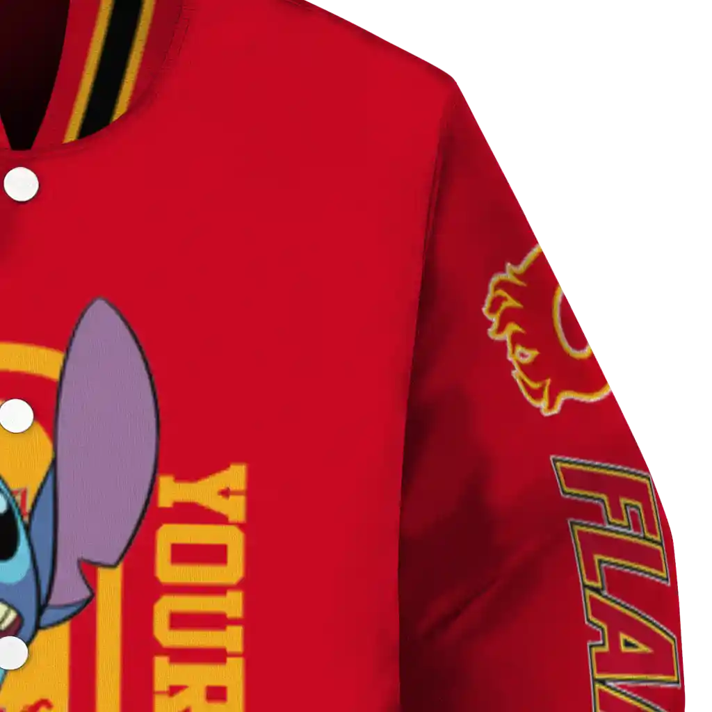 customized calgary flames stitch laughing red varsity jacket premium grade customized calgary flames stitch laughing red varsity jacket premium grade