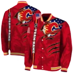 customized calgary flames usa flag rips red varsity jacket best selling