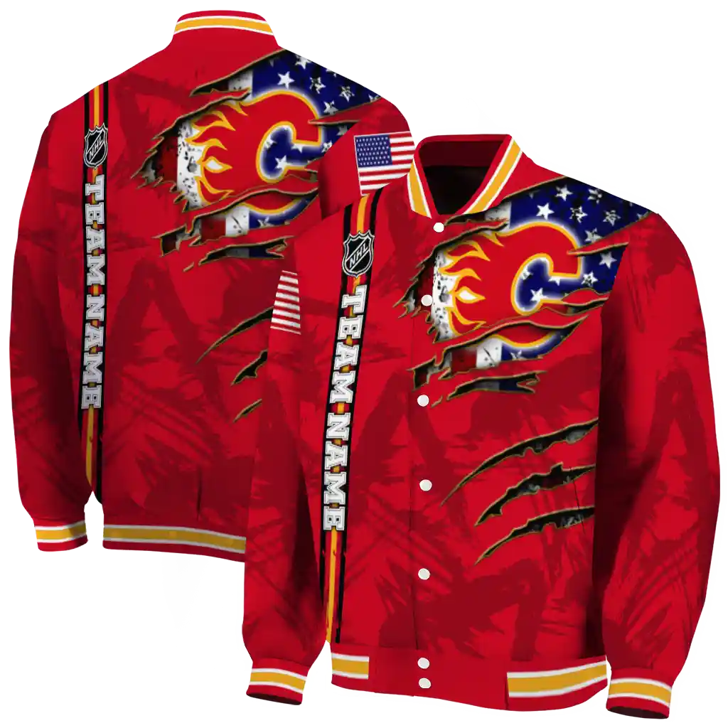 customized calgary flames usa flag rips red varsity jacket fashion forward customized calgary flames usa flag rips red varsity jacket fashion forward