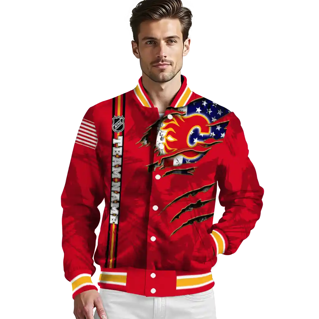 customized calgary flames usa flag rips red varsity jacket high quality customized calgary flames usa flag rips red varsity jacket high quality
