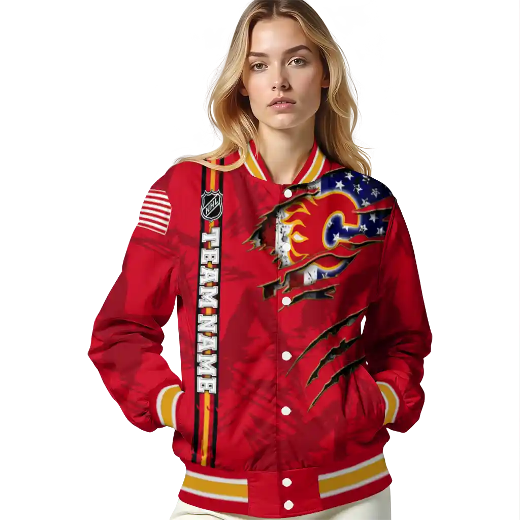 customized calgary flames usa flag rips red varsity jacket latest model customized calgary flames usa flag rips red varsity jacket latest model