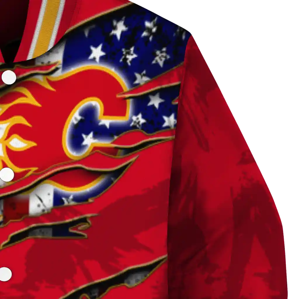 customized calgary flames usa flag rips red varsity jacket premium grade customized calgary flames usa flag rips red varsity jacket premium grade