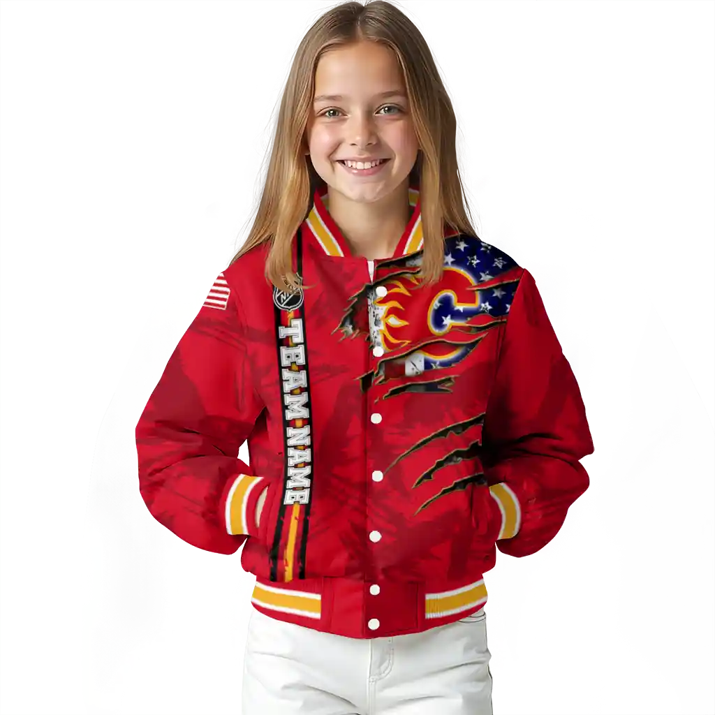 customized calgary flames usa flag rips red varsity jacket top rated customized calgary flames usa flag rips red varsity jacket top rated