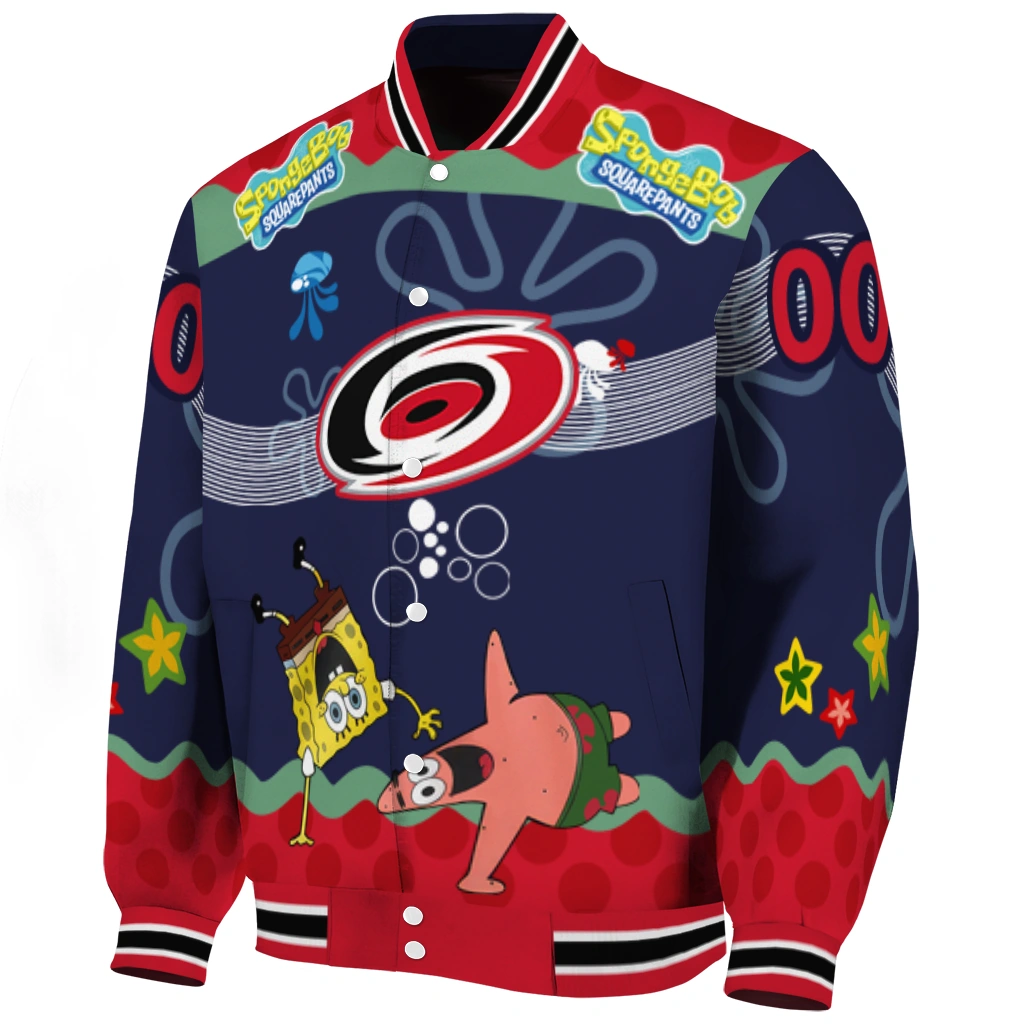 customized carolina hurricanes spongebob playtime red blue varsity jacket best selling customized carolina hurricanes spongebob playtime red blue varsity jacket best selling