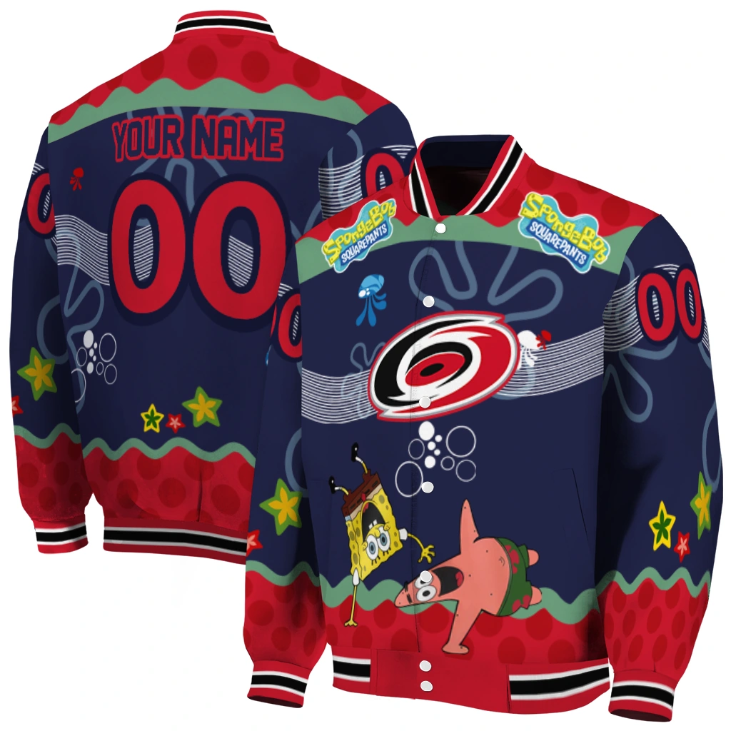customized carolina hurricanes spongebob playtime red blue varsity jacket fashion forward customized carolina hurricanes spongebob playtime red blue varsity jacket fashion forward
