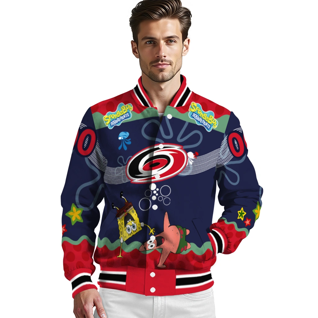 customized carolina hurricanes spongebob playtime red blue varsity jacket high quality customized carolina hurricanes spongebob playtime red blue varsity jacket high quality