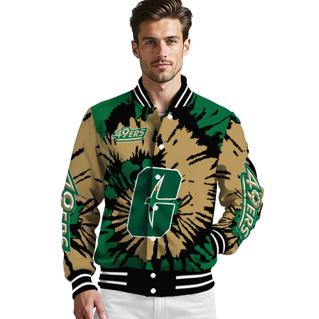 customized charlotte 49ers burst splatter green varsity jacket high quality customized charlotte 49ers burst splatter green varsity jacket high quality