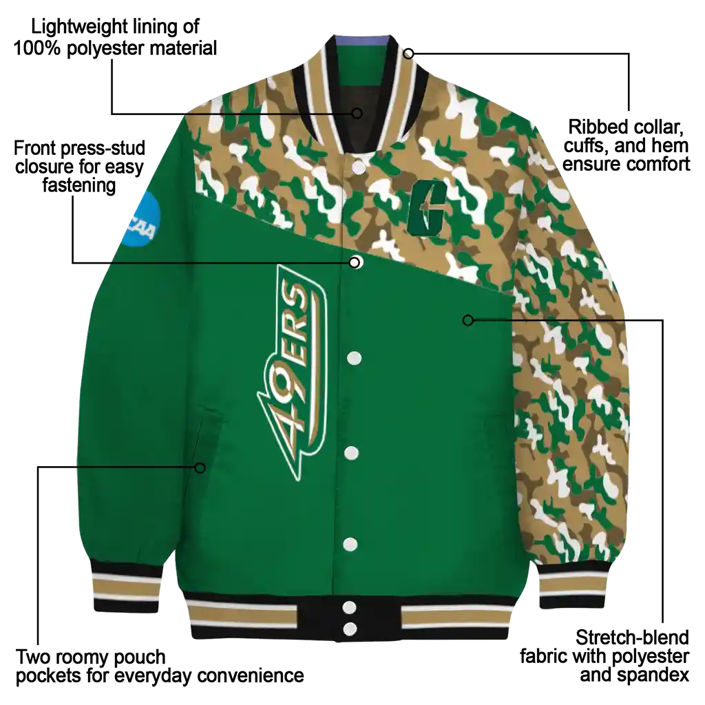 customized charlotte 49ers camouflage splash green varsity jacket new arrival customized charlotte 49ers camouflage splash green varsity jacket new arrival
