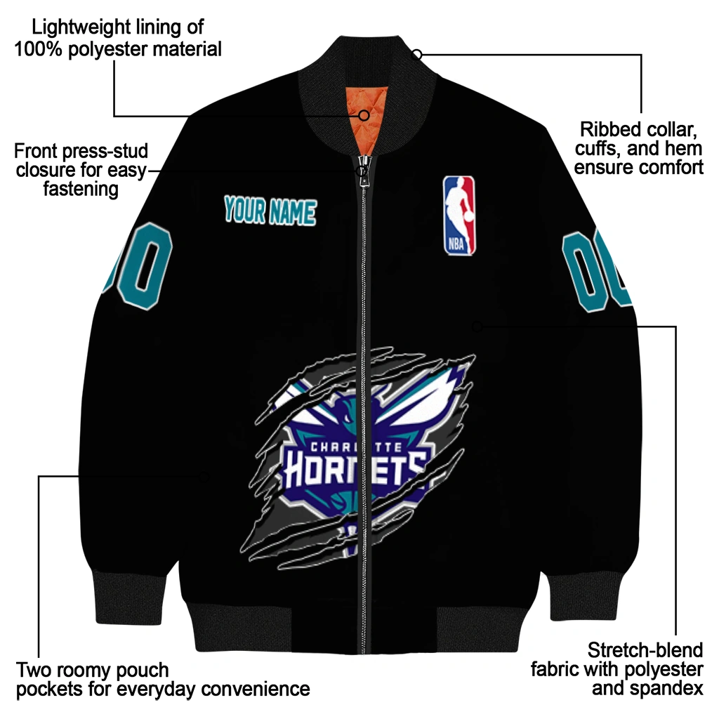 customized charlotte hornets claw edge black bomber jacket new arrival customized charlotte hornets claw edge black bomber jacket new arrival