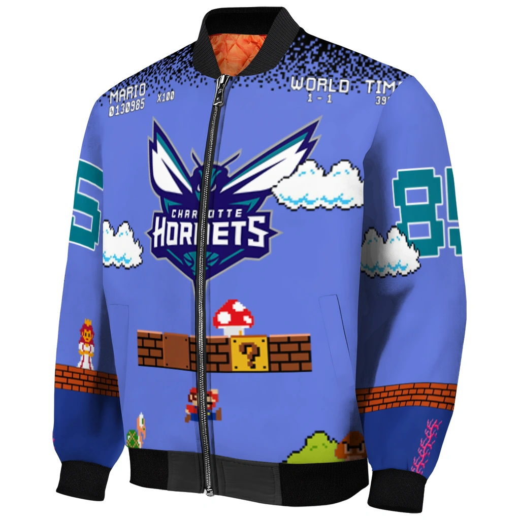 customized charlotte hornets mario blocks blue black bomber jacket fashion forward customized charlotte hornets mario blocks blue black bomber jacket fashion forward