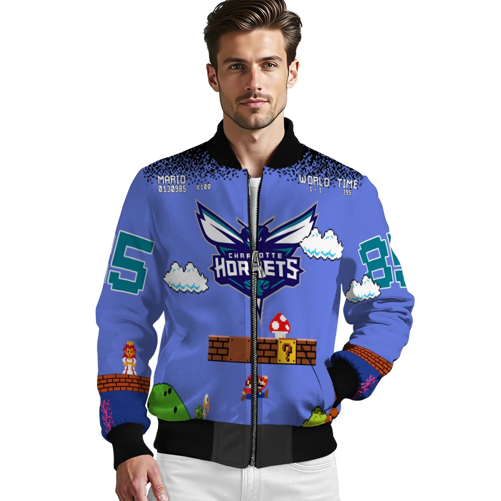 customized charlotte hornets mario blocks blue black bomber jacket high quality customized charlotte hornets mario blocks blue black bomber jacket high quality