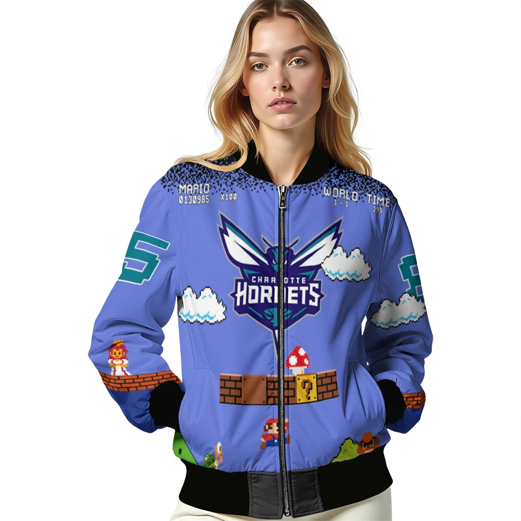 customized charlotte hornets mario blocks blue black bomber jacket latest model customized charlotte hornets mario blocks blue black bomber jacket latest model