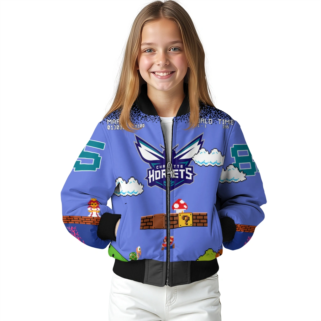 customized charlotte hornets mario blocks blue black bomber jacket top rated customized charlotte hornets mario blocks blue black bomber jacket top rated