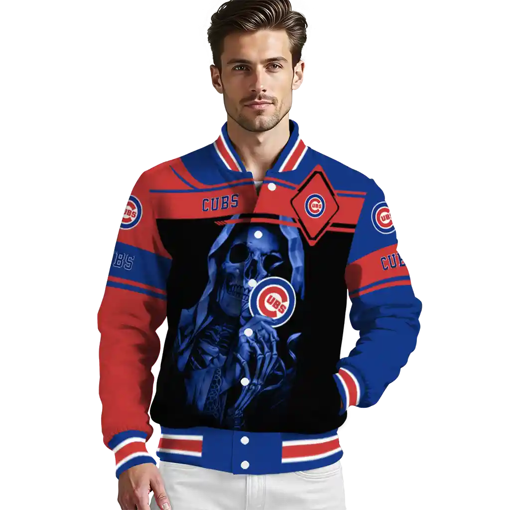 customized chicago cubs reaper hands blue black varsity jacket high quality customized chicago cubs reaper hands blue black varsity jacket high quality