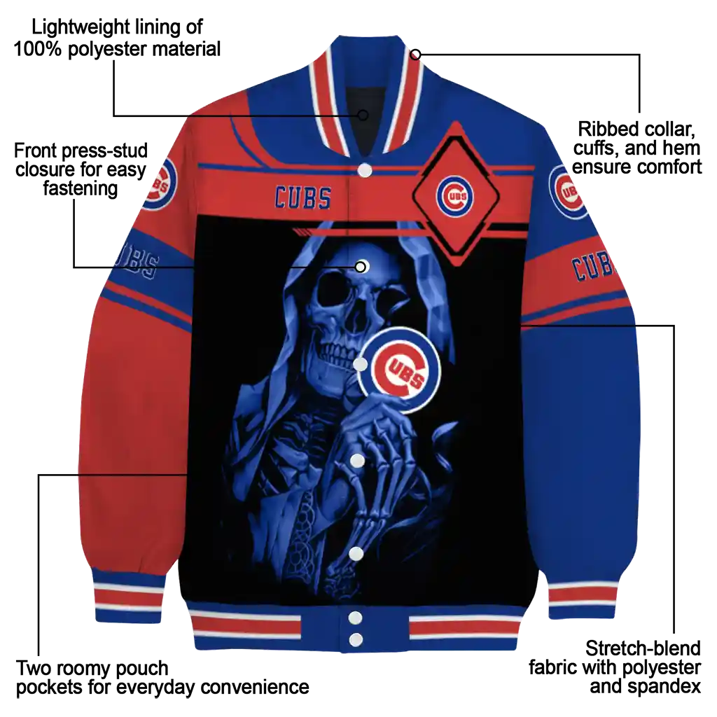 customized chicago cubs reaper hands blue black varsity jacket new arrival customized chicago cubs reaper hands blue black varsity jacket new arrival