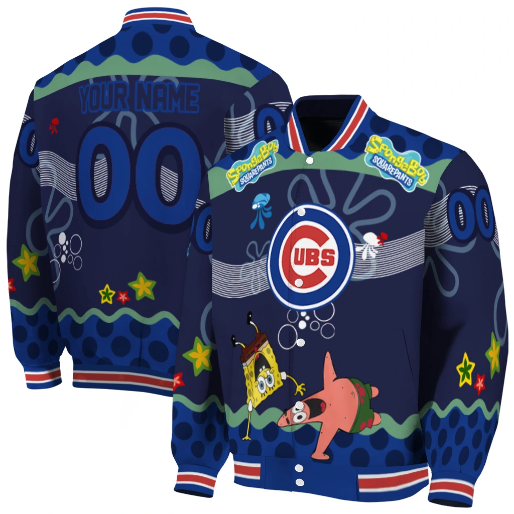 customized chicago cubs spongebob playtime blue varsity jacket fashion forward customized chicago cubs spongebob playtime blue varsity jacket fashion forward