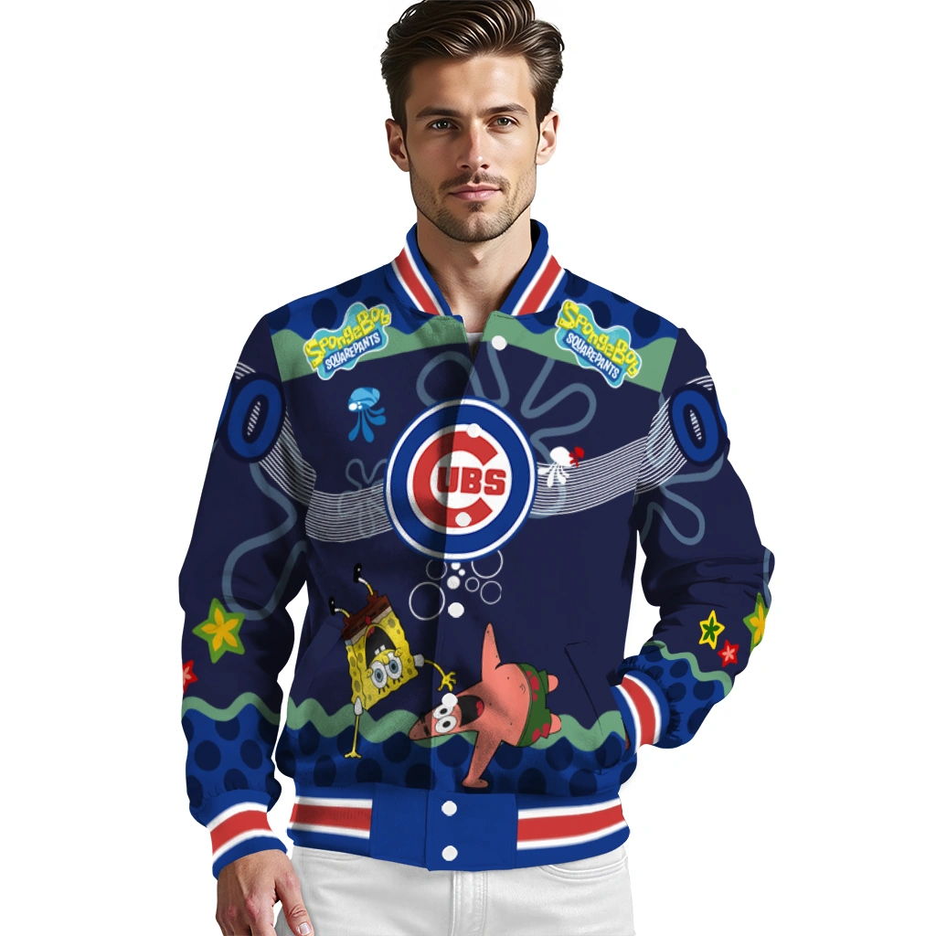 customized chicago cubs spongebob playtime blue varsity jacket high quality customized chicago cubs spongebob playtime blue varsity jacket high quality