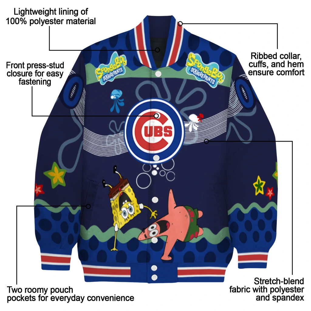 customized chicago cubs spongebob playtime blue varsity jacket new arrival customized chicago cubs spongebob playtime blue varsity jacket new arrival