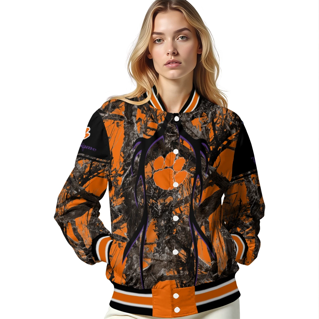 customized clemson tigers antlers motif orange black varsity jacket latest model customized clemson tigers antlers motif orange black varsity jacket latest model